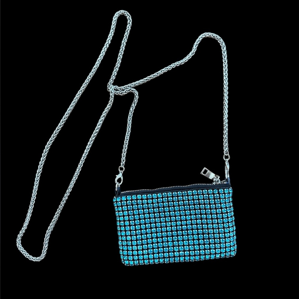 Blue Rhinestone Silver chain strap Crossbody mini Bag wallet on chain woc